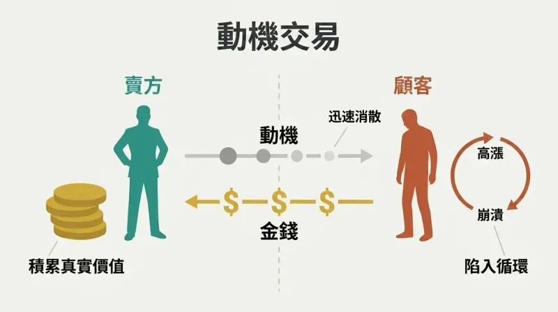 Split panel showing a seller accumulating money on the left while a customer cycles through dopamine highs and crashes on the right, with motivation flowing one way and money flowing back.