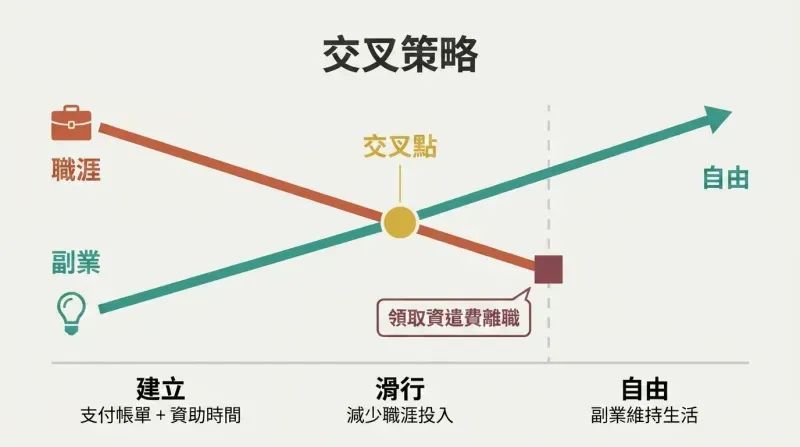 A declining career line crosses a rising business line, showing the transition from employment to entrepreneurial freedom.