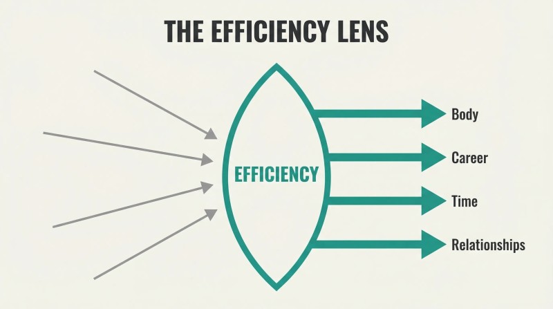 Scattered gray arrows converging through a teal lens labeled Efficiency emerge as four aligned parallel arrows pointing toward Body, Career, Time, and Relationships.