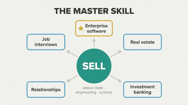 Hub-and-spoke diagram with "Sell" at the center radiating outward to five career and life domains, with enterprise software highlighted as the top recommendation.