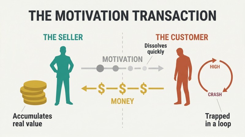 Split panel showing a seller accumulating money on the left while a customer cycles through dopamine highs and crashes on the right, with motivation flowing one way and money flowing back.