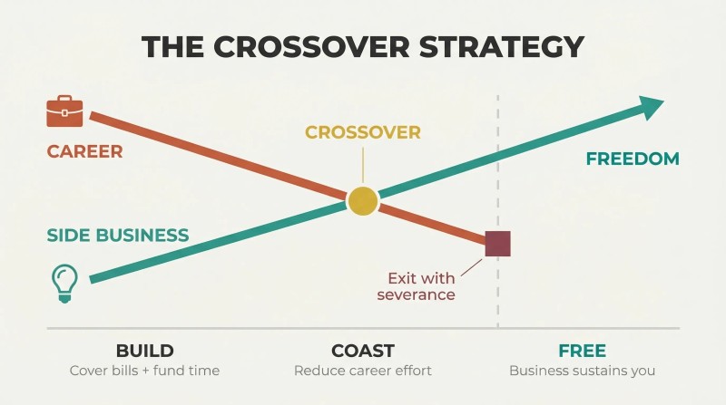 A declining career line crosses a rising business line, showing the transition from employment to entrepreneurial freedom.