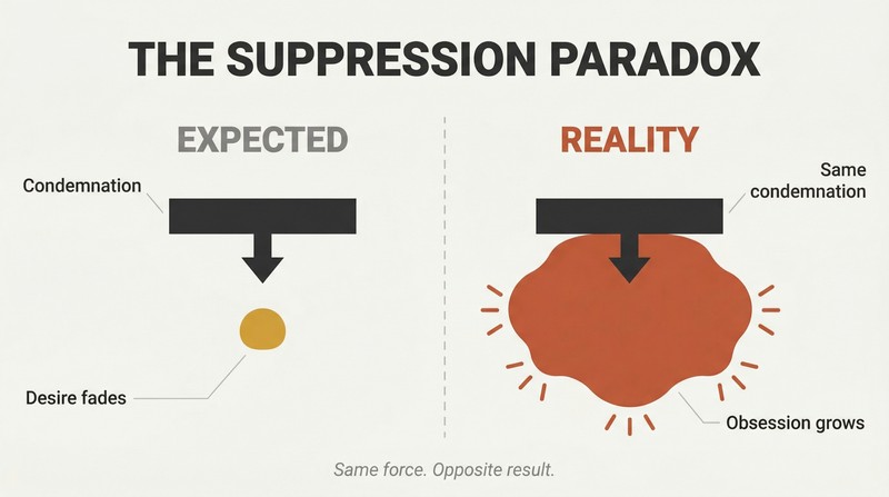 Split panel comparing expected versus actual results of suppressing desire, showing a pressed shape shrinking on the left but expanding massively on the right.