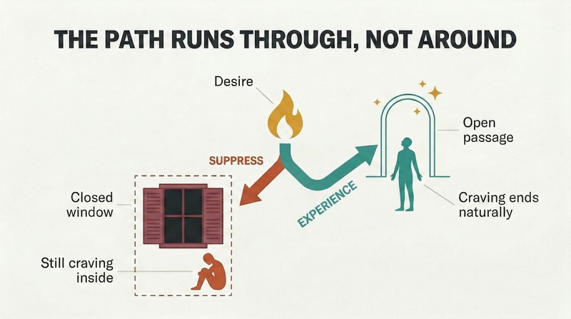 Fork diagram showing how suppressing desire leads to mental imprisonment behind a closed window, while fully experiencing it leads to natural transcendence symbolized by an open sky.