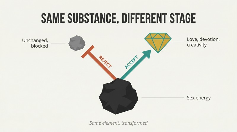 Fork diagram showing coal transforming upward into a diamond through acceptance, while rejection leaves coal unchanged as a dead end.