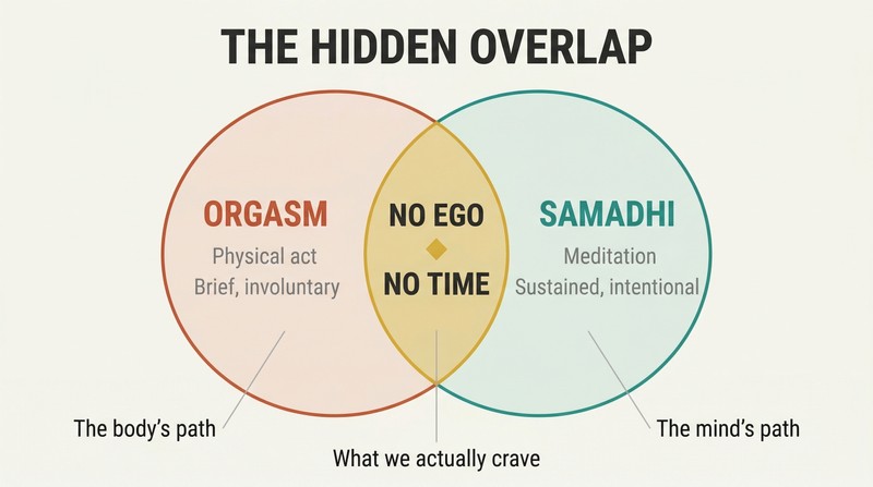Venn diagram showing orgasm and samadhi overlapping at their shared core states of egolessness and timelessness.