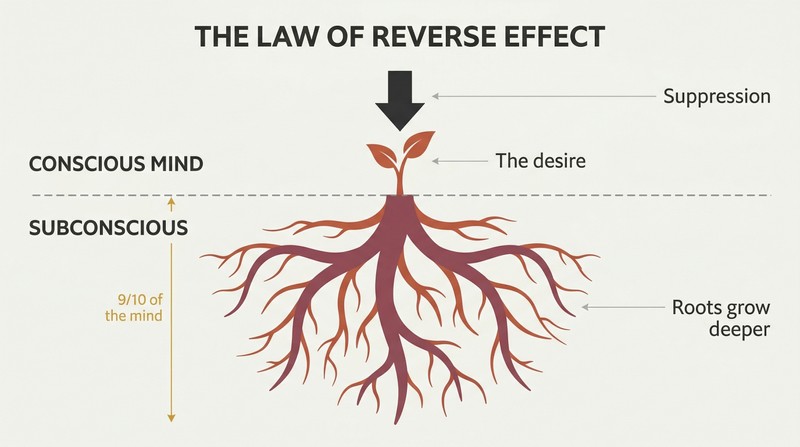 Cross-section showing a tiny plant pushed down at the surface while enormous roots spread through the subconscious below a dividing line.