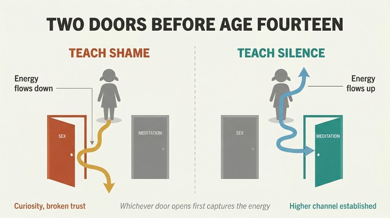 Split panel comparing two parenting approaches: shame opens the sex door first while daily silence opens the meditation door first, channeling a child's energy upward.