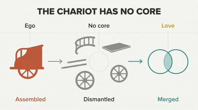 Three-stage transformation showing a solid chariot dismantled into scattered parts with an empty center, then two empty circles merging to represent love.