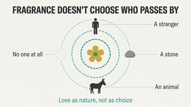A flower at center radiates concentric waves outward equally toward a person, a stone, an animal, and empty space, showing love as undirected overflow.