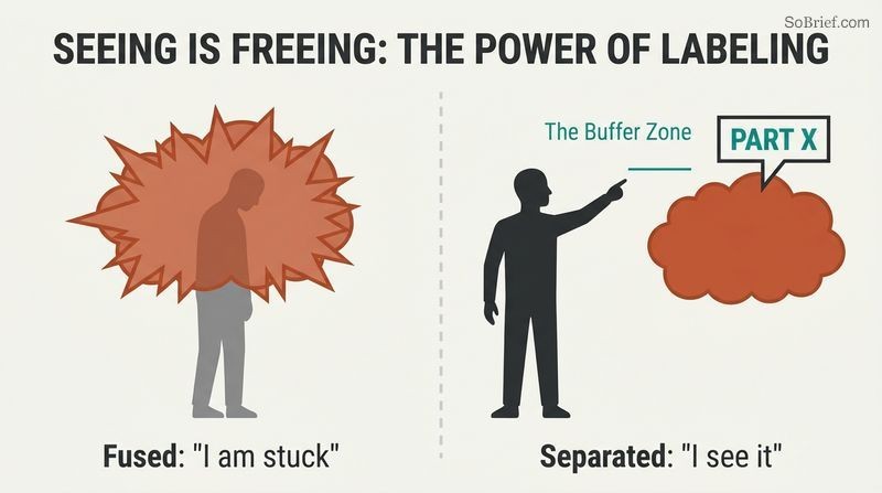 Split panel diagram demonstrating how labeling your inner enemy separates your true self from the saboteur, creating a buffer zone of free choice.