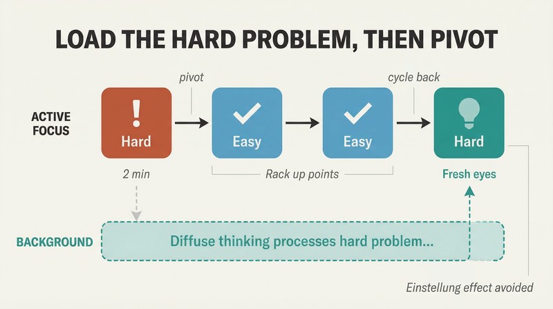 Dual-lane timeline showing active focus switching from hard to easy problems while diffuse background thinking continuously processes the hard problem.