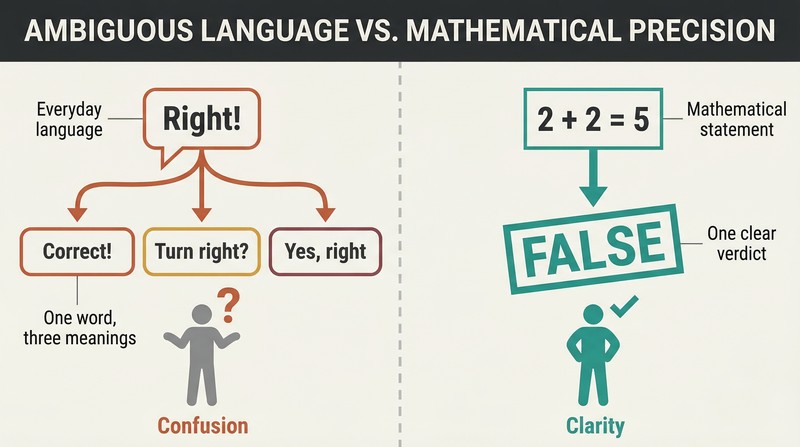 Split panel contrasting a vague statement branching into multiple confused interpretations on the left with a precise statement resolving to a single true-or-false verdict on the right.