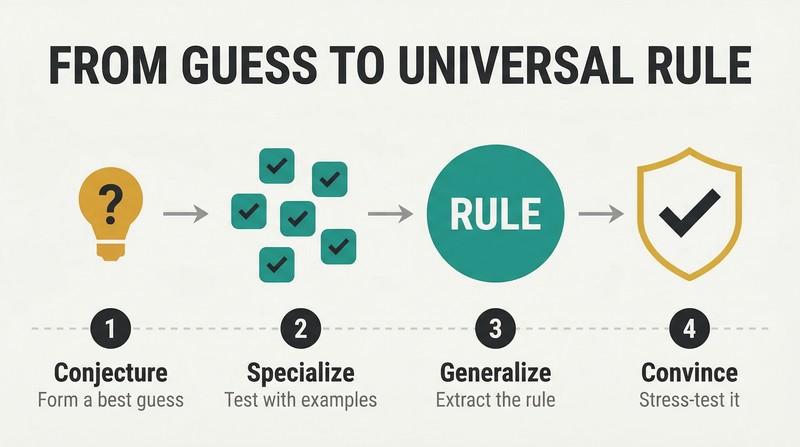 Four-step horizontal progression showing a single guess expanding into multiple test examples, consolidating into one universal rule, then being validated by convincing others.