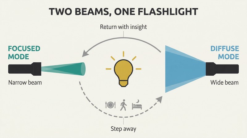 Circular cycle showing a narrow focused beam and a wide diffuse beam alternating around a central lightbulb, with stepping-away activities bridging the two modes.