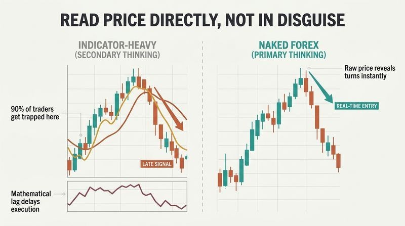 A side-by-side split panel comparison contrasting an indicator-cluttered trading chart that produces a late, lagging sell signal with a clean naked candlestick chart that allows a precise, real-time entry at the exact turning point.