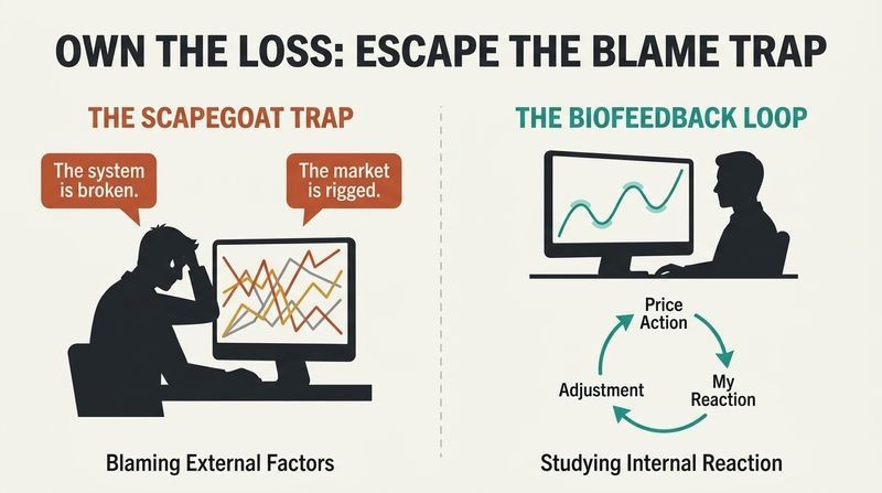 Split-panel diagram comparing the messy 'scapegoat trap' of blaming market conditions to the clean 'biofeedback loop' of owning trading losses.