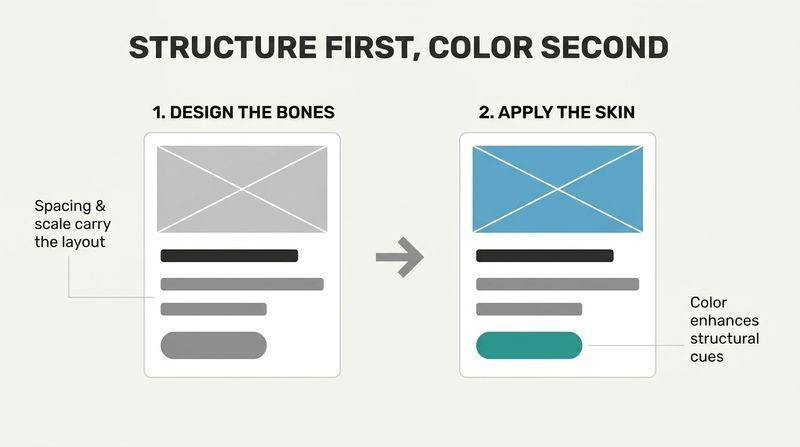 A two-panel diagram showing a UI card first designed in grayscale with strong text hierarchy and generous spacing, then transitioning into an identical layout enhanced with functional blue and teal accents.