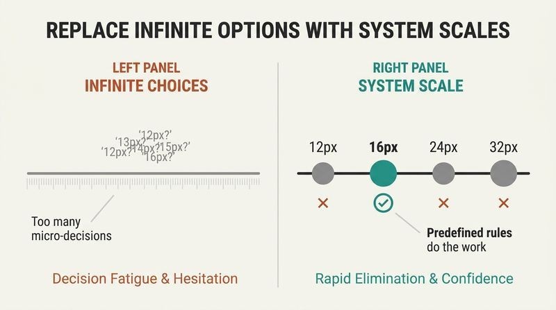 Side-by-side comparison diagram showing how infinite design choices cause decision fatigue while a predefined, constrained scale allows for instant elimination and confident choices.