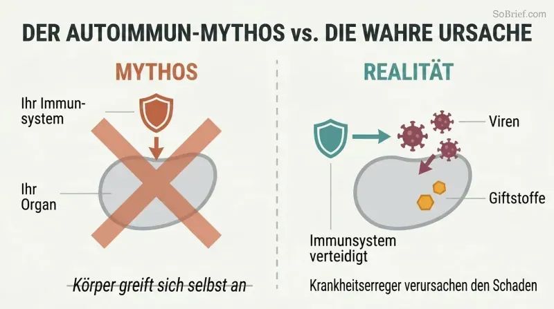 Split panel contrasting the autoimmune theory of the body attacking itself on the left with viruses and toxins as the real cause of inflammation on the right.
