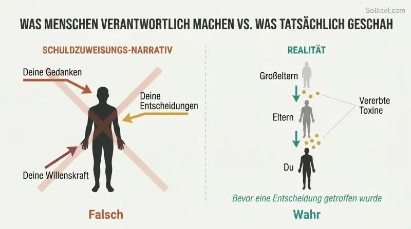 Split panel contrasting blame arrows pointing at a person on the left with three generations passing down inherited toxins on the right.