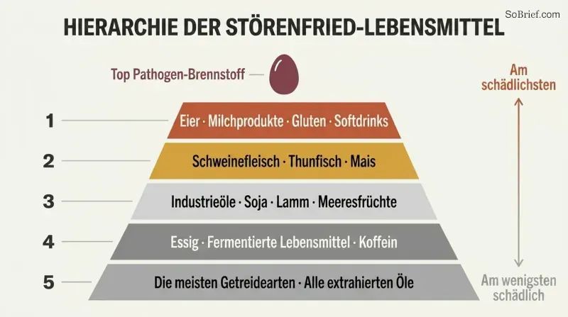 Five-tier pyramid showing progressive levels of troublemaker foods, with eggs at the narrow peak as the top pathogen fuel and each wider tier below adding more foods to eliminate.