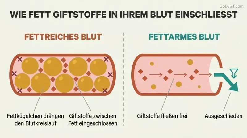 Split panel comparing fat-thickened blood with toxins trapped among fat globules versus thin blood where toxins flow freely toward elimination.