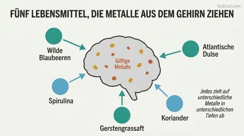 Hub-and-spoke diagram with a brain silhouette at center containing scattered metal dots, surrounded by five ingredient icons each connected by inward-pointing arrows showing coordinated extraction.