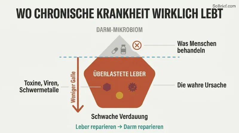Iceberg diagram showing gut microbiome as the small visible tip people treat, while the overburdened liver sits as the massive hidden root cause below the waterline.
