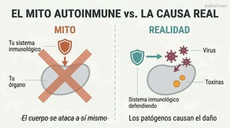 Split panel contrasting the autoimmune theory of the body attacking itself on the left with viruses and toxins as the real cause of inflammation on the right.