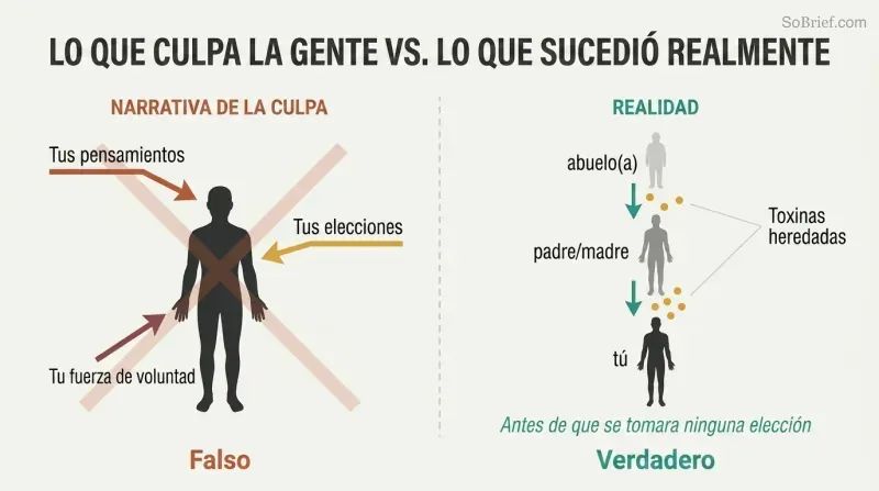 Split panel contrasting blame arrows pointing at a person on the left with three generations passing down inherited toxins on the right.