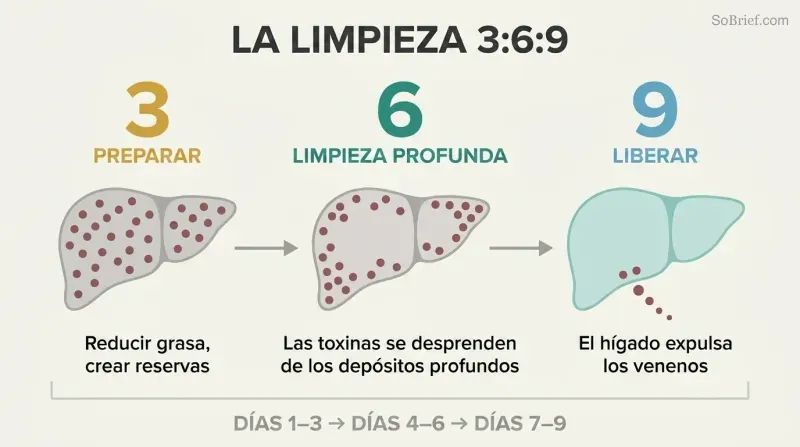 Three-phase timeline showing a liver progressing from toxin-burdened preparation through deep cleansing to final release and renewal.