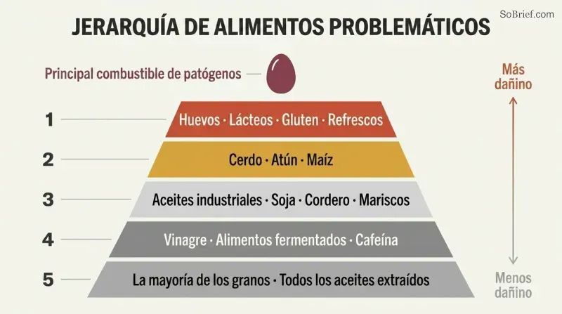 Five-tier pyramid showing progressive levels of troublemaker foods, with eggs at the narrow peak as the top pathogen fuel and each wider tier below adding more foods to eliminate.