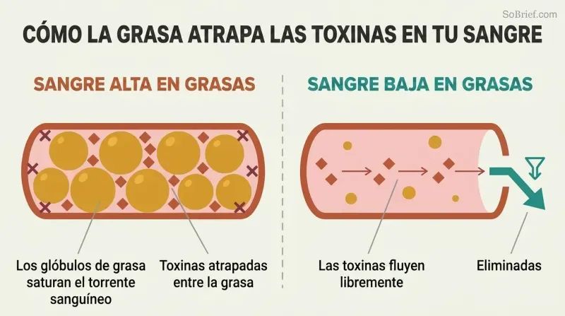 Split panel comparing fat-thickened blood with toxins trapped among fat globules versus thin blood where toxins flow freely toward elimination.