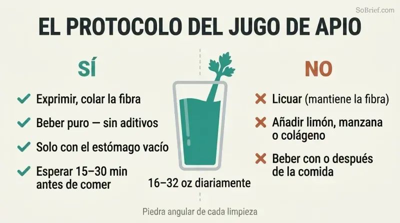 Central glass of celery juice flanked by four correct practices marked with checkmarks on the left and three incorrect practices marked with X's on the right.
