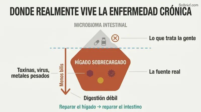 Iceberg diagram showing gut microbiome as the small visible tip people treat, while the overburdened liver sits as the massive hidden root cause below the waterline.