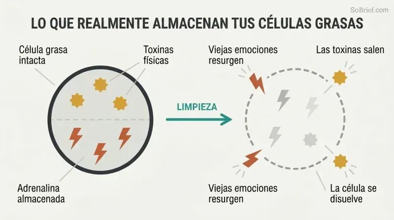 Cross-section of an intact fat cell storing toxins and emotional adrenaline transforms during cleansing into a dissolving cell releasing waves of old emotions.