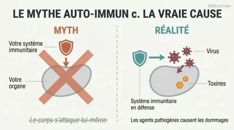Split panel contrasting the autoimmune theory of the body attacking itself on the left with viruses and toxins as the real cause of inflammation on the right.