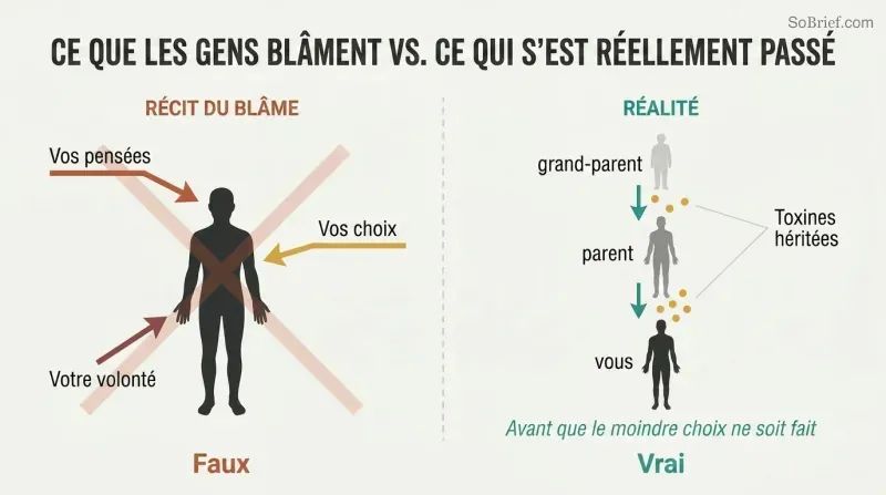 Split panel contrasting blame arrows pointing at a person on the left with three generations passing down inherited toxins on the right.