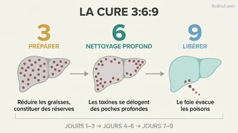 Three-phase timeline showing a liver progressing from toxin-burdened preparation through deep cleansing to final release and renewal.