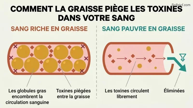 Split panel comparing fat-thickened blood with toxins trapped among fat globules versus thin blood where toxins flow freely toward elimination.