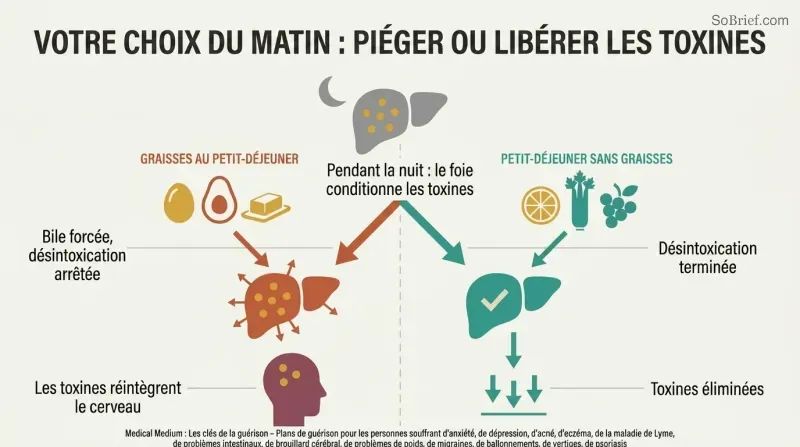 Fork diagram showing overnight liver detox splitting into two morning paths — fatty breakfast traps toxins while fat-free breakfast allows complete elimination.