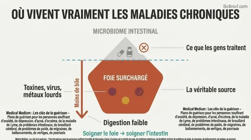 Iceberg diagram showing gut microbiome as the small visible tip people treat, while the overburdened liver sits as the massive hidden root cause below the waterline.