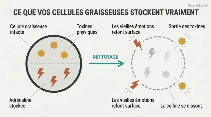 Cross-section of an intact fat cell storing toxins and emotional adrenaline transforms during cleansing into a dissolving cell releasing waves of old emotions.