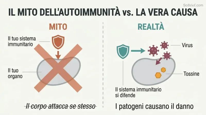 Split panel contrasting the autoimmune theory of the body attacking itself on the left with viruses and toxins as the real cause of inflammation on the right.