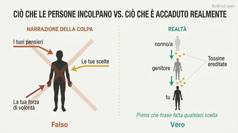 Split panel contrasting blame arrows pointing at a person on the left with three generations passing down inherited toxins on the right.