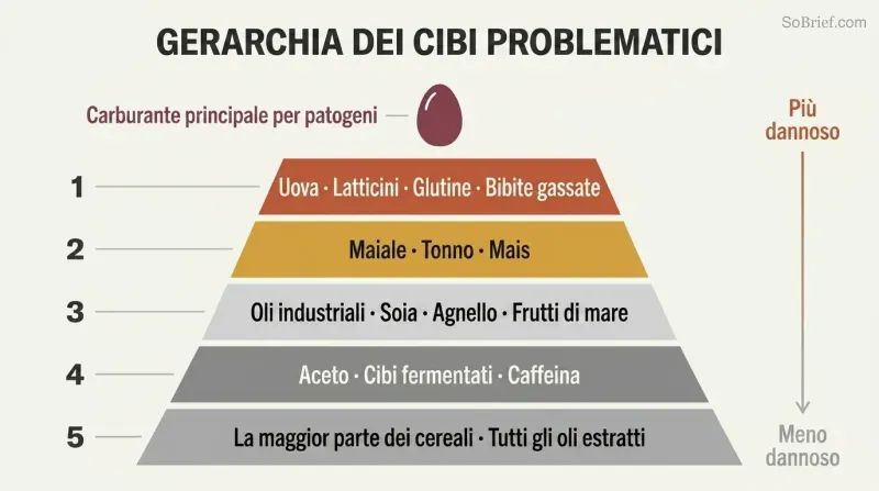Five-tier pyramid showing progressive levels of troublemaker foods, with eggs at the narrow peak as the top pathogen fuel and each wider tier below adding more foods to eliminate.