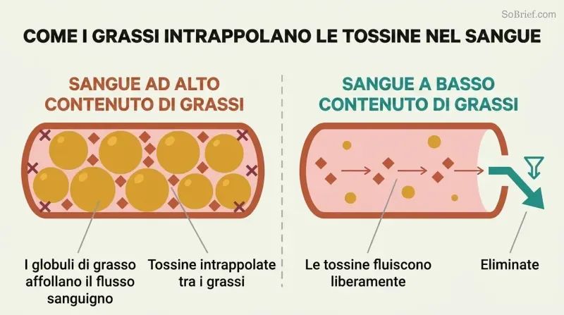 Split panel comparing fat-thickened blood with toxins trapped among fat globules versus thin blood where toxins flow freely toward elimination.