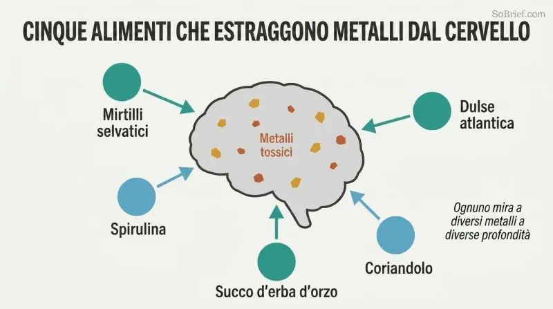 Hub-and-spoke diagram with a brain silhouette at center containing scattered metal dots, surrounded by five ingredient icons each connected by inward-pointing arrows showing coordinated extraction.