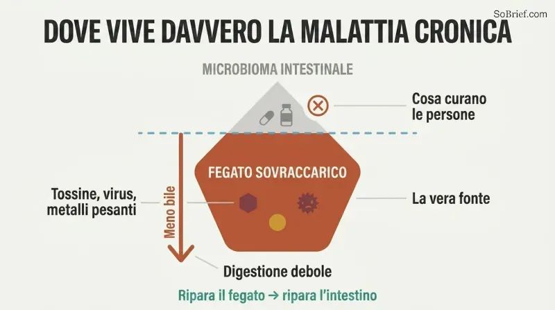 Iceberg diagram showing gut microbiome as the small visible tip people treat, while the overburdened liver sits as the massive hidden root cause below the waterline.